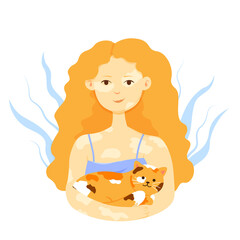 Red-haired cute girl with vitiligo on the skin and a cat in her hands
