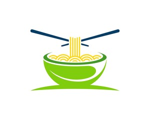 leaf bowl with noodle and cross chopstick