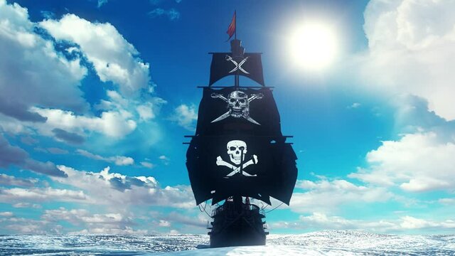 3D Jolly Roger Pirate Galleon in a Sunny Day - Loop Landscape Background