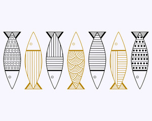 Fish line design for adults and kids coloring book, tattoo, t-shirt design, design element. Primitive drawing. Contour fish.