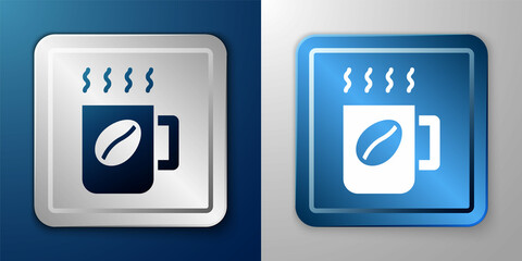 White Coffee cup icon isolated on blue and grey background. Tea cup. Hot drink coffee. Silver and blue square button. Vector
