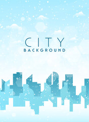 Obraz premium Winter city skyline landscape, town buildings in different times, and urban cityscape town sky. Daytime cityscape. Architecture silhouette downtown vector background. Flat design for flyers, cards