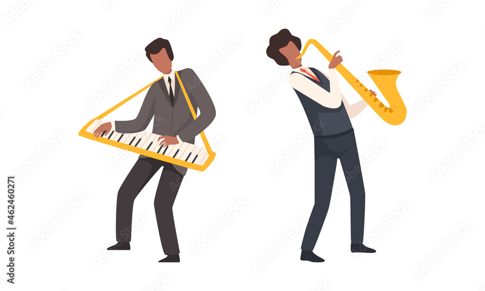Poster man musician character performing music playing saxophone and keyboard vector set