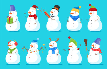 Cute Christmas snowman set vector flat illustration. Collection of childish winter character