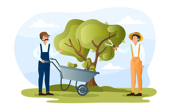 gardeners pruning tree with wheelbarrow clip art preview