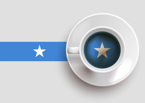 Somalia flag with a tasty coffee cup on top view and a gradient background. Hot beverage with Somalia flag, vector illustration.
