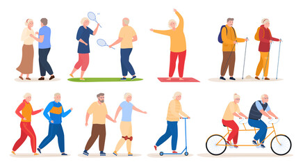 Fototapeta na wymiar Older people active sports recreation set vector illustration elderly man and woman dancing, running