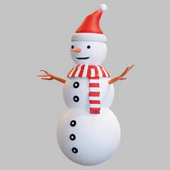 snowman with santa hat and red striped scarf christmas 3d render illustration