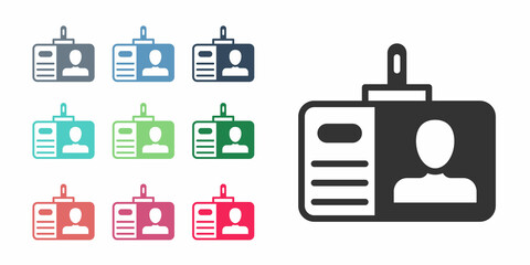 Black Identification badge icon isolated on white background. It can be used for presentation, identity of the company, advertising. Set icons colorful. Vector