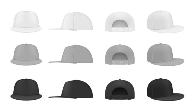 Realistic fashion rap cap set vector illustration stylish hip hop headdress front, back and side