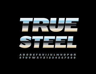 Vector Steel Font. Metallic Alphabet Letters and Numbers set.