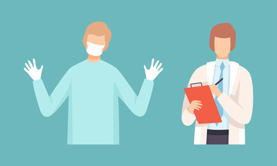Man Doctor in Coat, Mask and Gloves and Holding Clipboard Vector Set