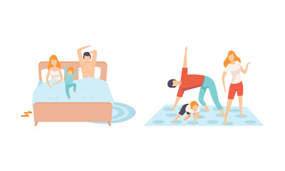 Happy Family with Man and Woman Parent with Kid Spending Good Time Together Waking Up and Playing Twister Game Vector Set