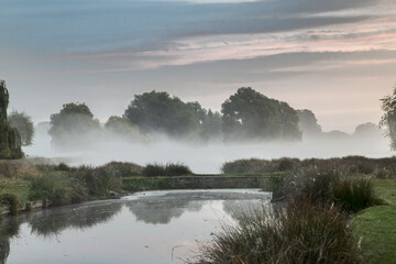 Fototapeta na wymiar Pond bridge in morning mist