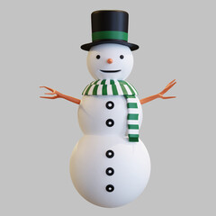 snowman with black hat and green striped scarf christmas 3d render illustration