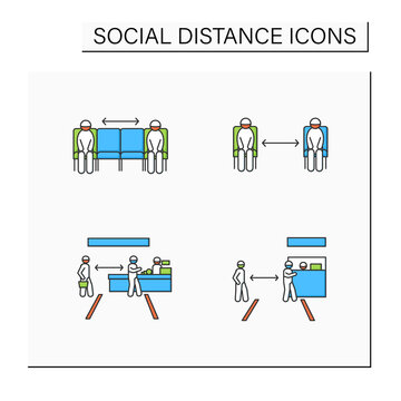 Social distance color icons set. Corona virus pandemic safety recommendations. Keep distance at shop, public places. Sitting apart. Isolated vector illustrations