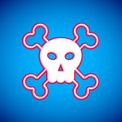 White Skull on crossbones icon isolated on blue background. Happy Halloween party. Vector