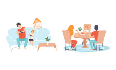 Happy Family with Man and Woman Parent with Kid Spending Good Time Together Playing Video Game and Dining at Table Vector Set