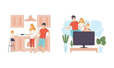 Happy Family with Man and Woman Parent with Kid Spending Good Time Together Watching TV and Cooking Vector Set
