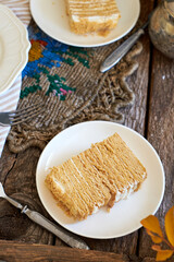 Piece of honey cake. Wooden background, side view. Layer cake.
