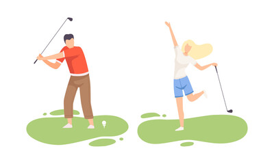 Young Man and Woman on Green Lawn Playing Golf as Club-and-ball Sport Game Vector Set