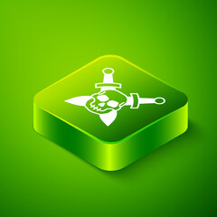 Isometric Crossed medieval sword with skull icon isolated on green background. Medieval weapon. Green square button. Vector