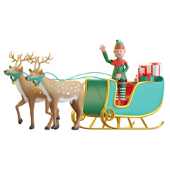 christmas elf riding sleigh with two reindeer carrying gift box 3D render illustration