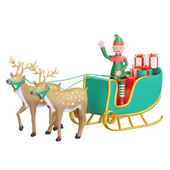Fototapeta premium christmas elf riding sleigh with two reindeer carrying gift box 3D render illustration