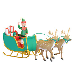 christmas elf riding sleigh with two reindeer carrying gift box 3D render illustration