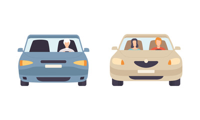 Man Driving Car Sitting at Driver Seat of Motor Vehicle Vector Set