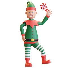 christmas elf holding lollipop candy with happy face 3D render illustration