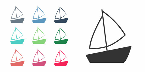 Black Yacht sailboat or sailing ship icon isolated on white background. Sail boat marine cruise travel. Set icons colorful. Vector