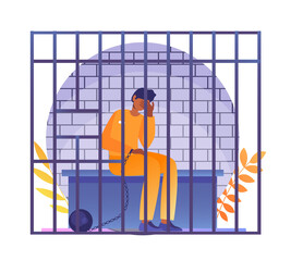 Arrested man sitting behind bars concept. Frustrated criminal. Police have caught thief or murderer. Work of law enforcement agencies. Cartoon flat vector illustration isolated on white background