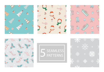 Seamless patterns set with different Christmas elements