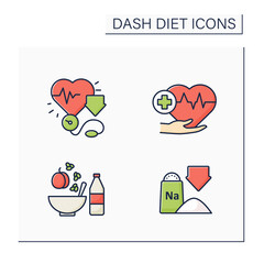 Dash diet color icons set. Reducing blood pressure, low sodium, heart-healthy. Healthy food concepts. Isolated vector illustrations