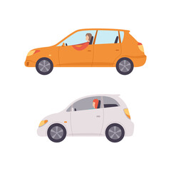Man and Woman Driving Car Sitting at Driver Seat of Motor Vehicle Vector Set