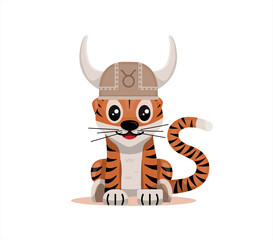 Tiger cub with taurus zodiac sign Astrological sign icon Vector cartoon illustration Horoscope and Eastern New Year.