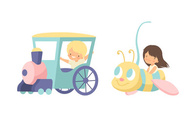 Cute Little Kid Riding Carousel in Amusement Park Vector Set