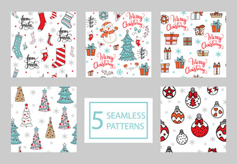 Seamless patterns set with different Christmas elements
