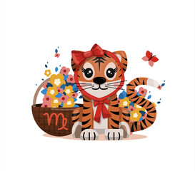 Tiger cub with virgo zodiac sign Astrological sign icon Vector cartoon illustration Horoscope and Eastern New Year.