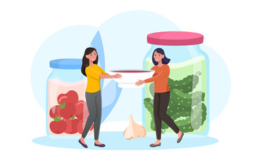 Pickling cucumbers, tomatoes and peppers. Women cook and eat delicious marinade of vegetables. Glass jars with canned food. Cartoon modern flat vector illustration isolated on white background