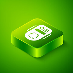 Isometric Artificial intelligence robot icon isolated on green background. Machine learning, cloud computing. Green square button. Vector