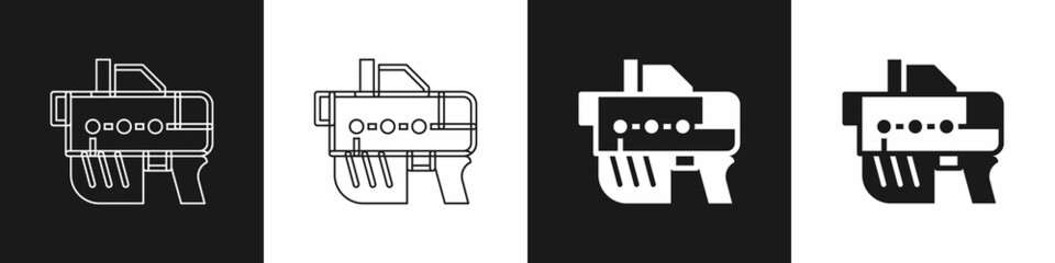 Set Futuristic space gun blaster icon isolated on black and white background. Laser Handgun. Alien Weapon. Vector