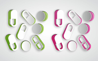 Paper cut Medical pill bottle biohacking icon isolated on grey background. Pharmacy biohacking. Paper art style. Vector