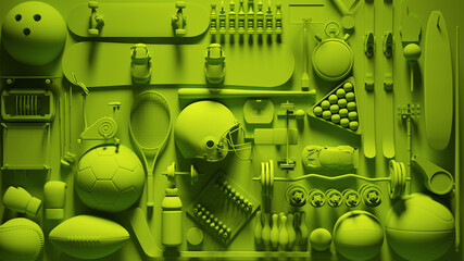 Green Vibrant Sports Wall Equipment Collage Activity 3d illustration render - 462462607