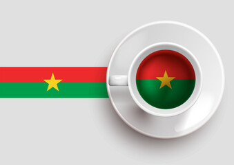 Burkina Faso flag with a tasty coffee cup on top view and a gradient background. Hot beverage with Burkina Faso flag, vector illustration.