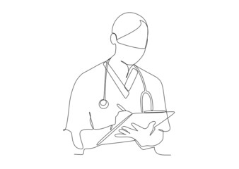 One continuous line drawing female use medical face mask. Concept of coronavirus. Continuous single drawn person in mask one line hand-drawn picture silhouette. Line art. doodle. Vector illustration