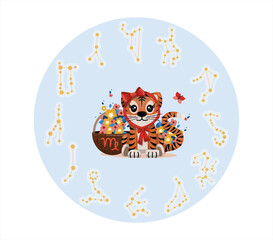 Tiger cub with virgo zodiac sign Astrological sign icon Vector cartoon illustration Horoscope and Eastern New Year.