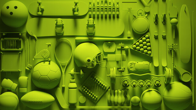 Green Vibrant Sports Wall Equipment Collage Activity 3d illustration render