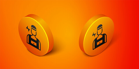 Isometric Electrician technician engineer icon isolated on orange background. Orange circle button. Vector
